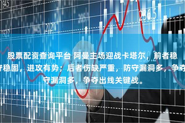股票配资查询平台 阿曼主场迎战卡塔尔，前者稳居榜首，防守稳固，进攻有势；后者伤缺严重，防守漏洞多，争夺出线关键战。